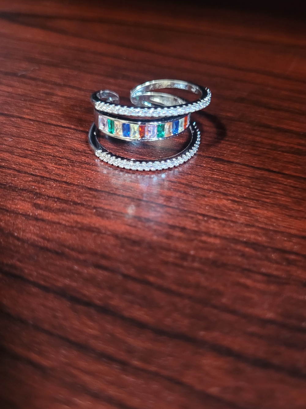 Silver Multi-Color Baguette CZ Open Ring
